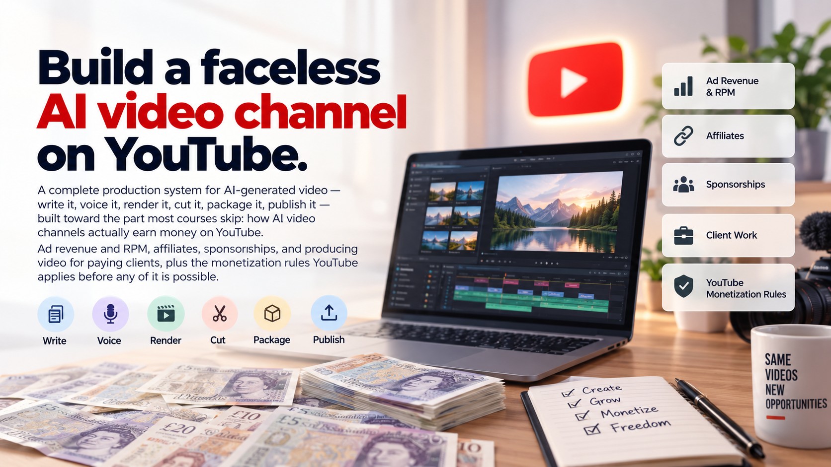 A laptop timeline editing an AI-generated video beside a YouTube revenue graph, with ad revenue, affiliate, sponsorship and client work labels and UK banknotes.